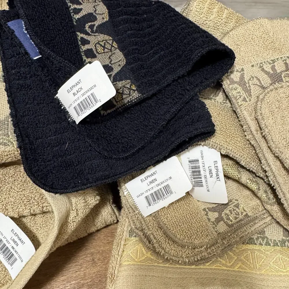 Charter Club 3 Bath Towels 4 Wash Cloth Elephant Safari Egyptian Gold Camel NEW